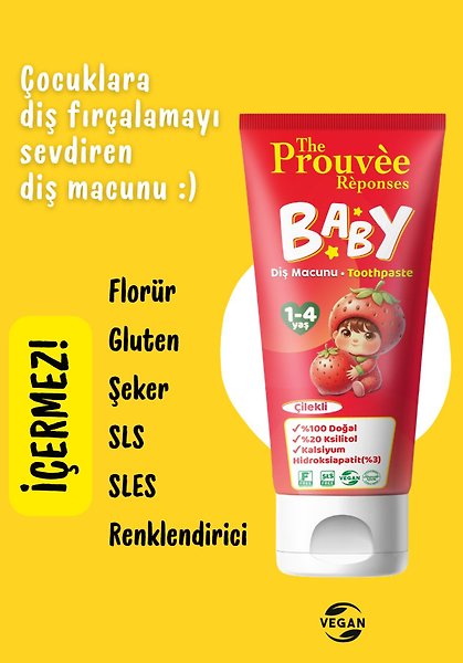 The Prouvee Reponses %100 Doğal Organik Bebek ve Çocuk Çilekli Diş Macunu 50 ml (Florürsüz)