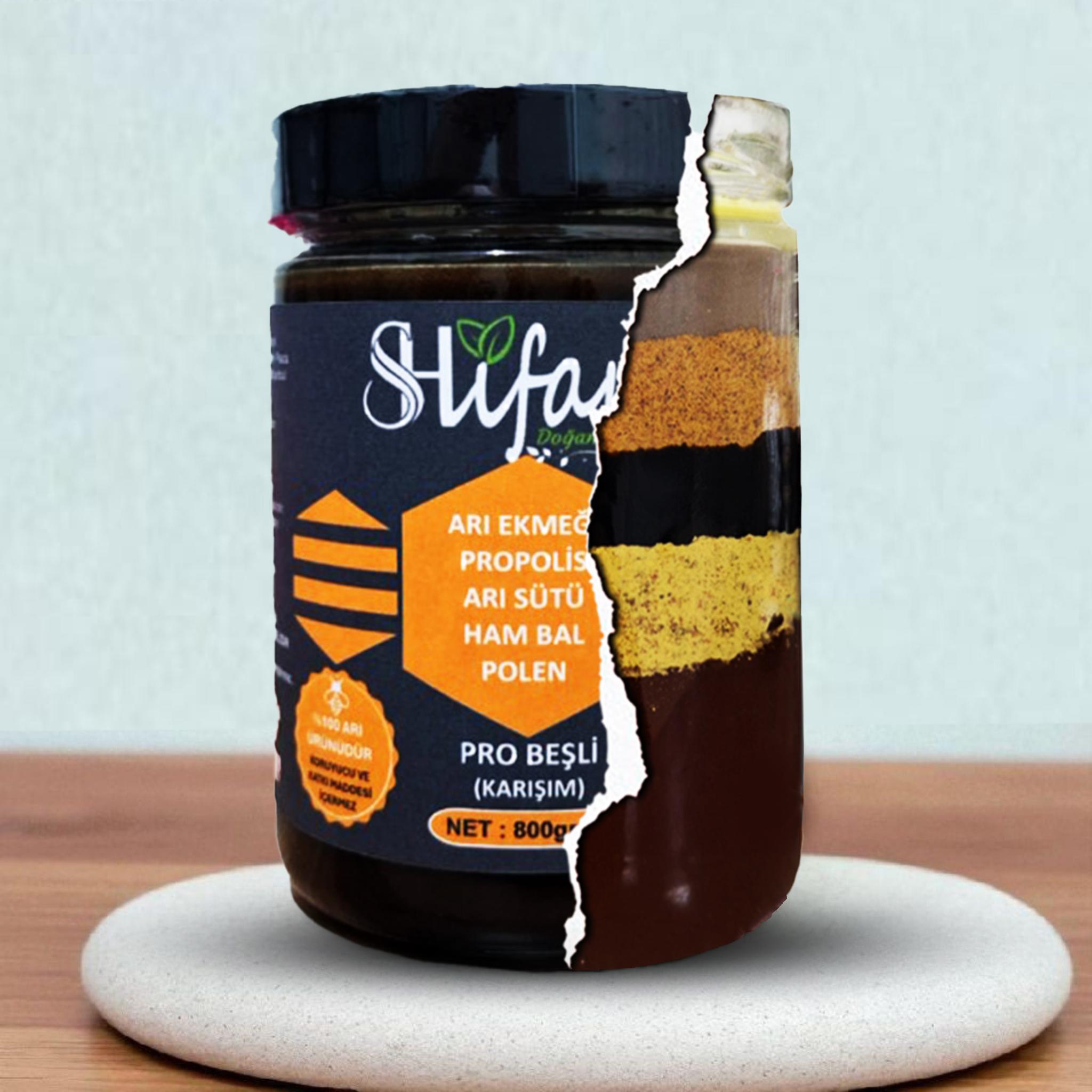 BEŞLİ KARIŞIM  (Bal, Propolis, Arı Sütü, Arı Ekmeği,Polen) KARIŞIM 800 GR