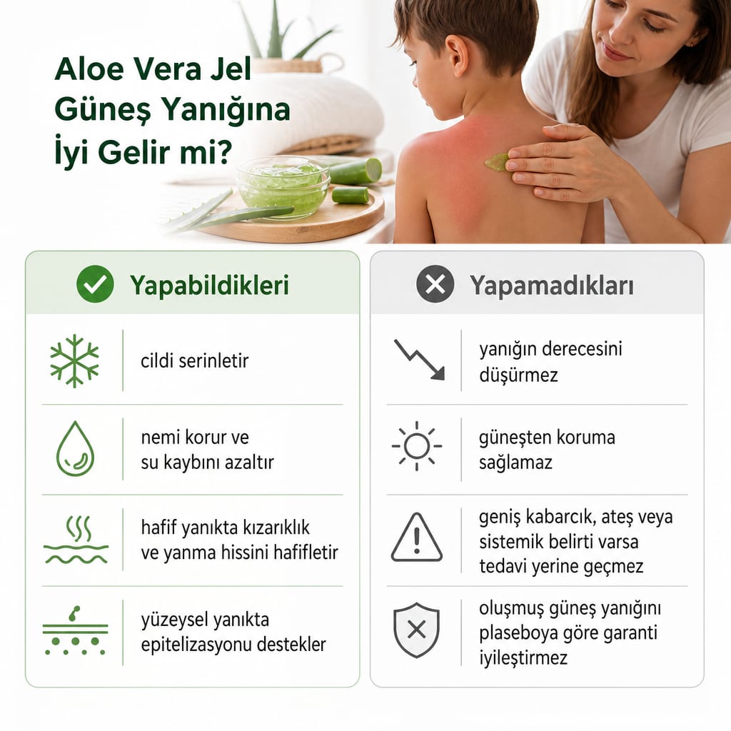 Aloe vera jelin güneş yanığında yapabildikleri ve yapamadıklarını iki sütunda karşılaştıran görsel.