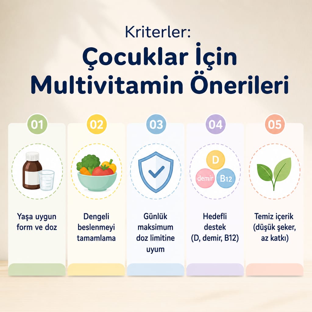 Çocuk multivitamini seçerken dikkate alınan beş kriteri gösteren karşılaştırma görseli