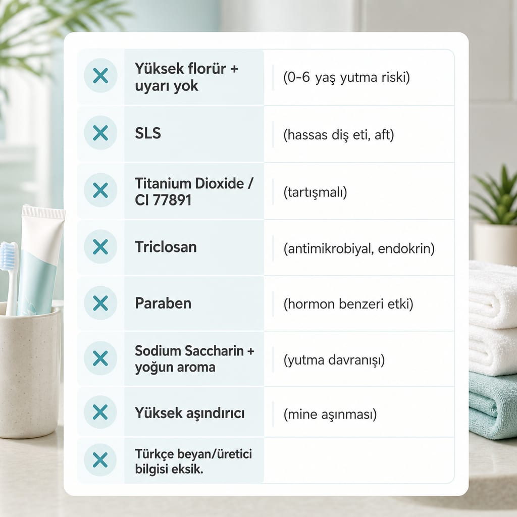 Diş macunu etiketinde dikkat edilmesi gereken içerikleri ve gerekçelerini listeleyen infografik
