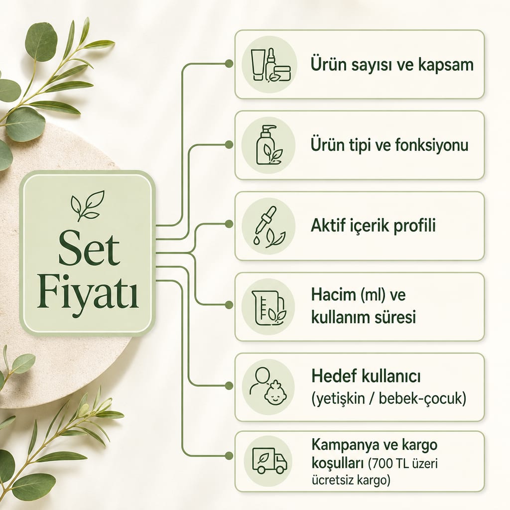 Doğal cilt bakım seti fiyatını etkileyen altı faktörü gösteren infografik