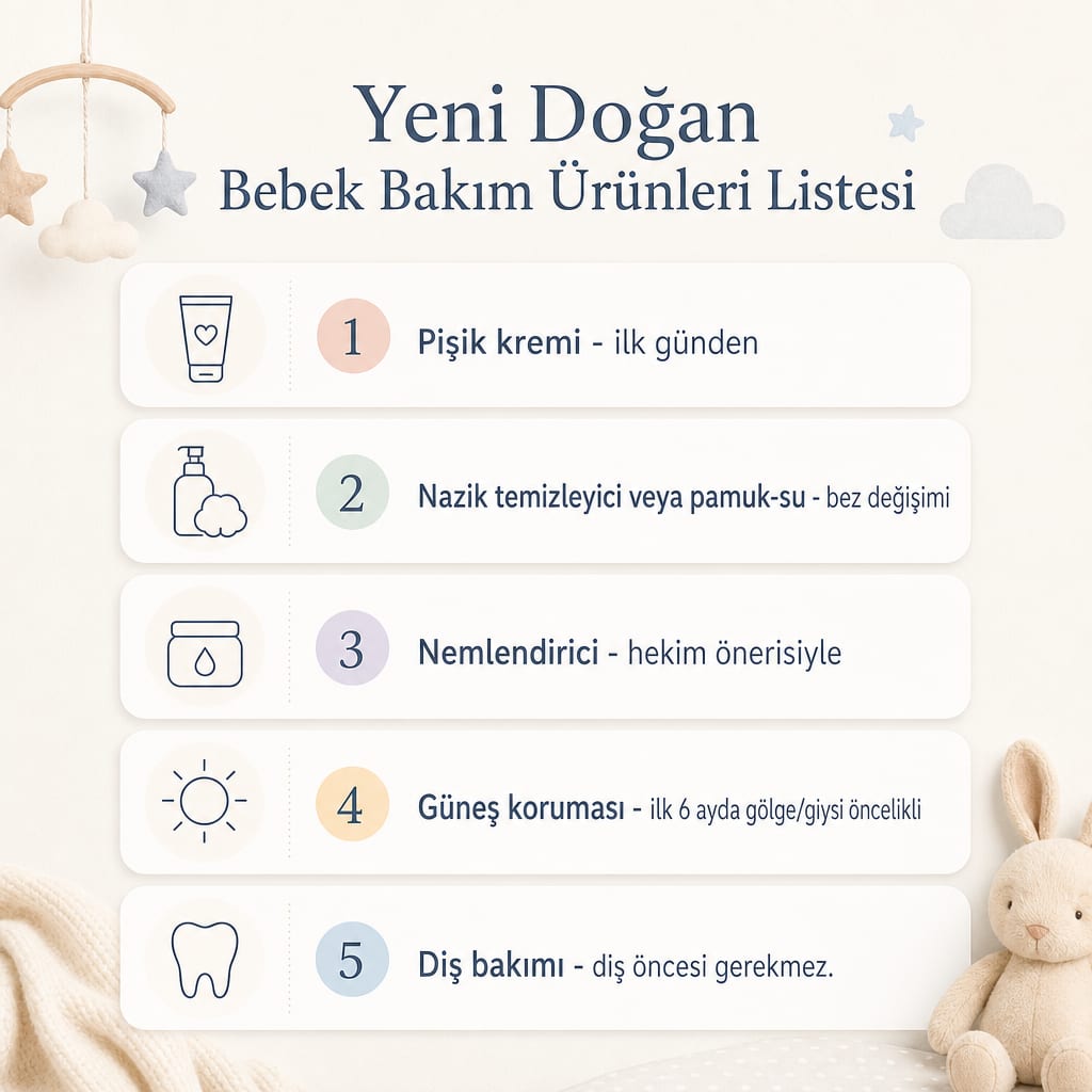 Yenidoğan için beş temel bakım ürün grubunu ve kullanım zamanını gösteren kontrol listesi görseli