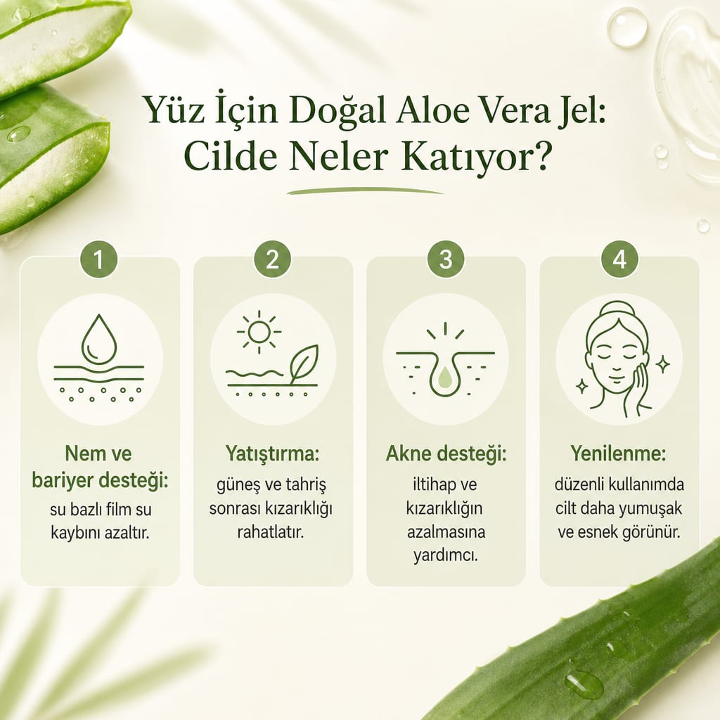 Aloe vera jelin nem, yatıştırma, akne desteği ve cilt yenilenmesi olmak üzere dört etkisini gösteren infografik.
