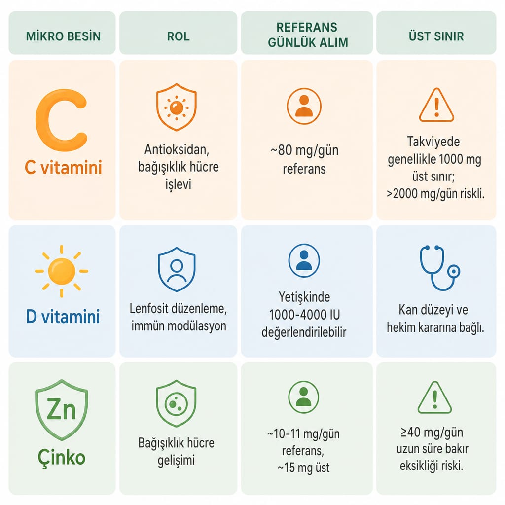 C vitamini, D vitamini ve çinkonun rolünü, referans dozunu ve üst sınırını gösteren karşılaştırma görseli.
