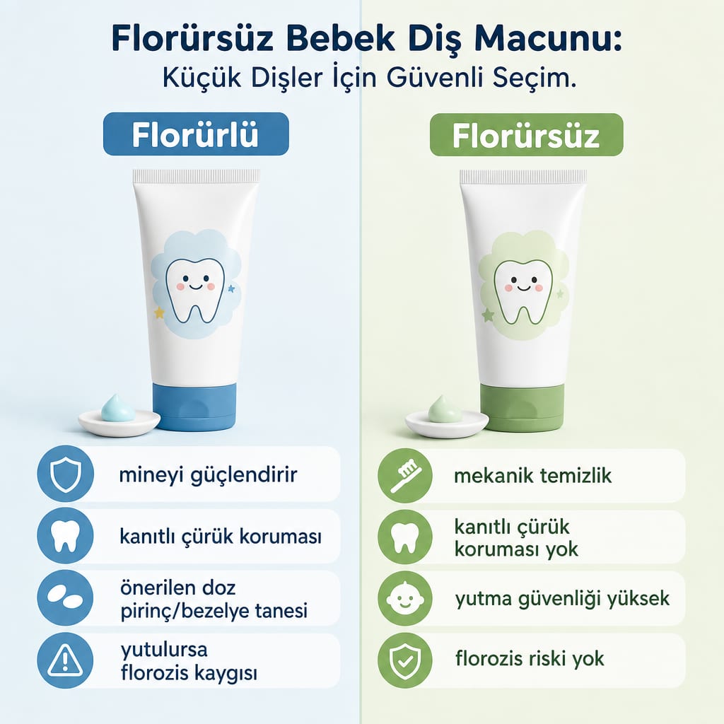 Florürlü ve florürsüz bebek diş macununu dört başlıkta karşılaştıran görsel.