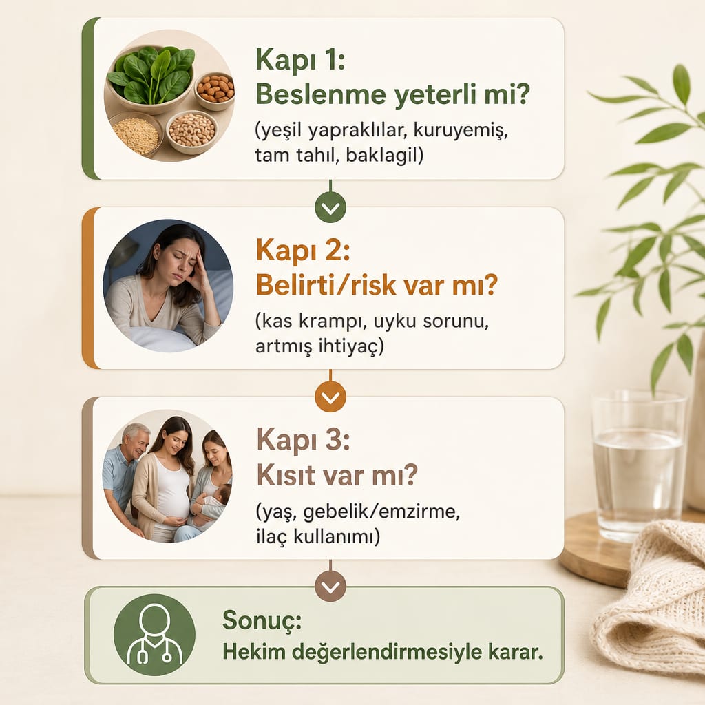 Magnezyum takviyesi kararını üç aşamada özetleyen bilgi grafiği