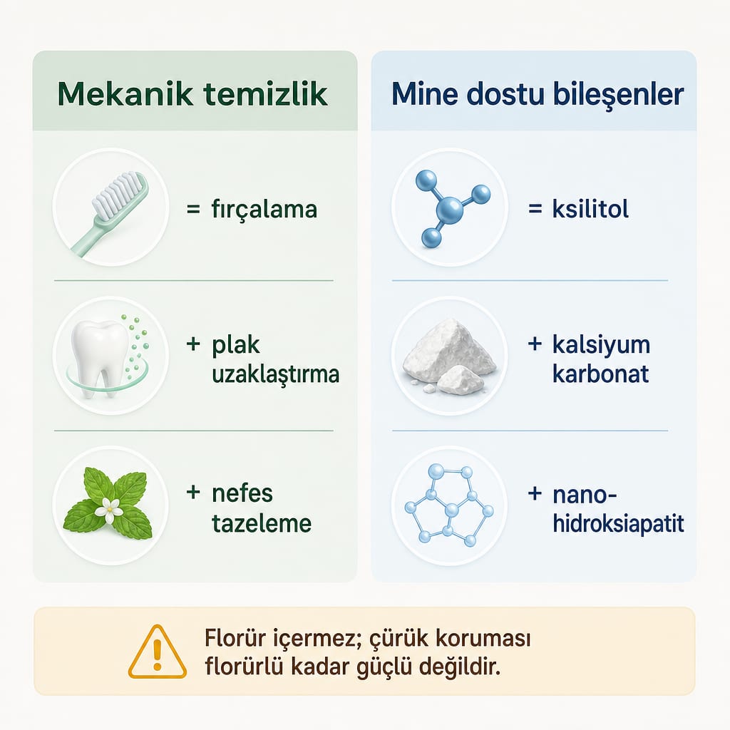 Florürsüz diş macununun mekanik temizlik ve mine dostu bileşen yollarını gösteren iki sütunlu diyagram