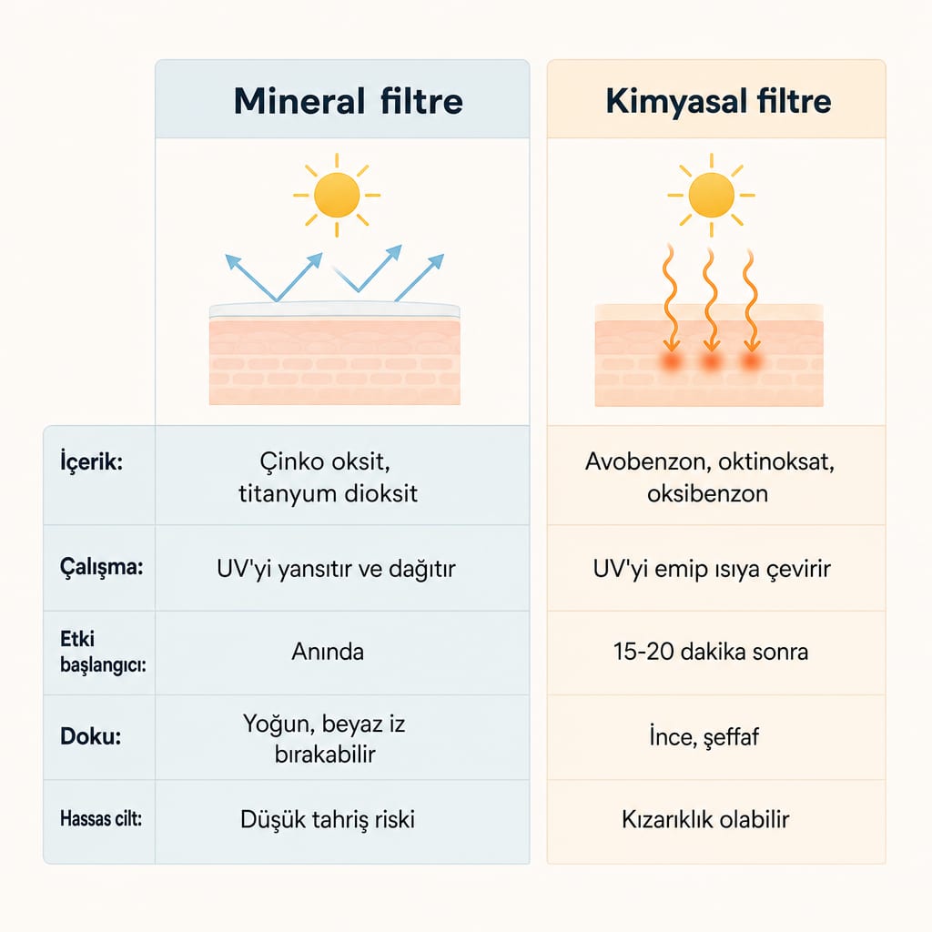 Mineral ve kimyasal güneş filtrelerinin içerik, çalışma biçimi ve cilt hissi açısından karşılaştırıldığı görsel