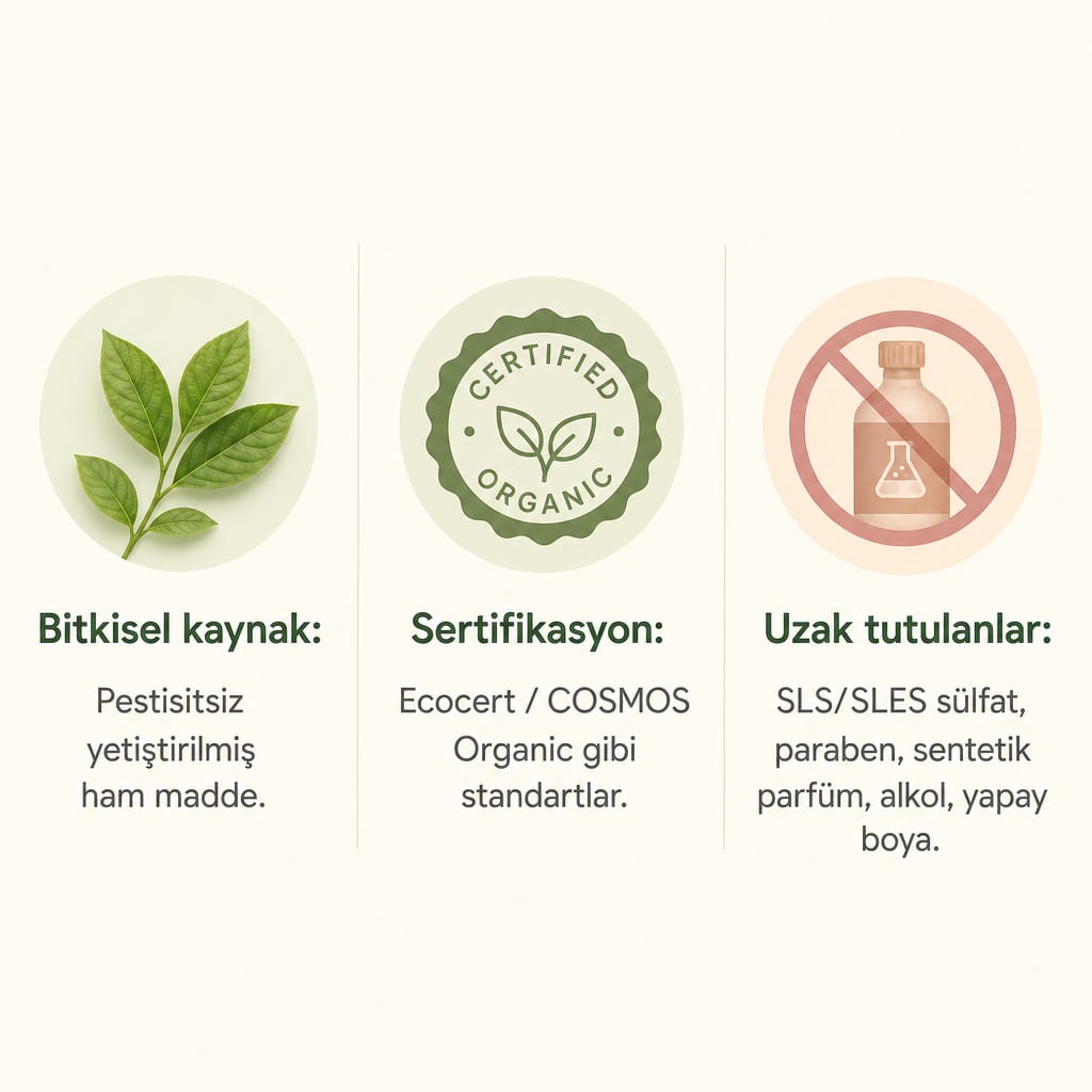 Organik bebek şampuanını tanımlayan bitkisel kaynak, sertifikasyon ve uzak tutulan kimyasallar başlıklı üç sütunlu infografik.