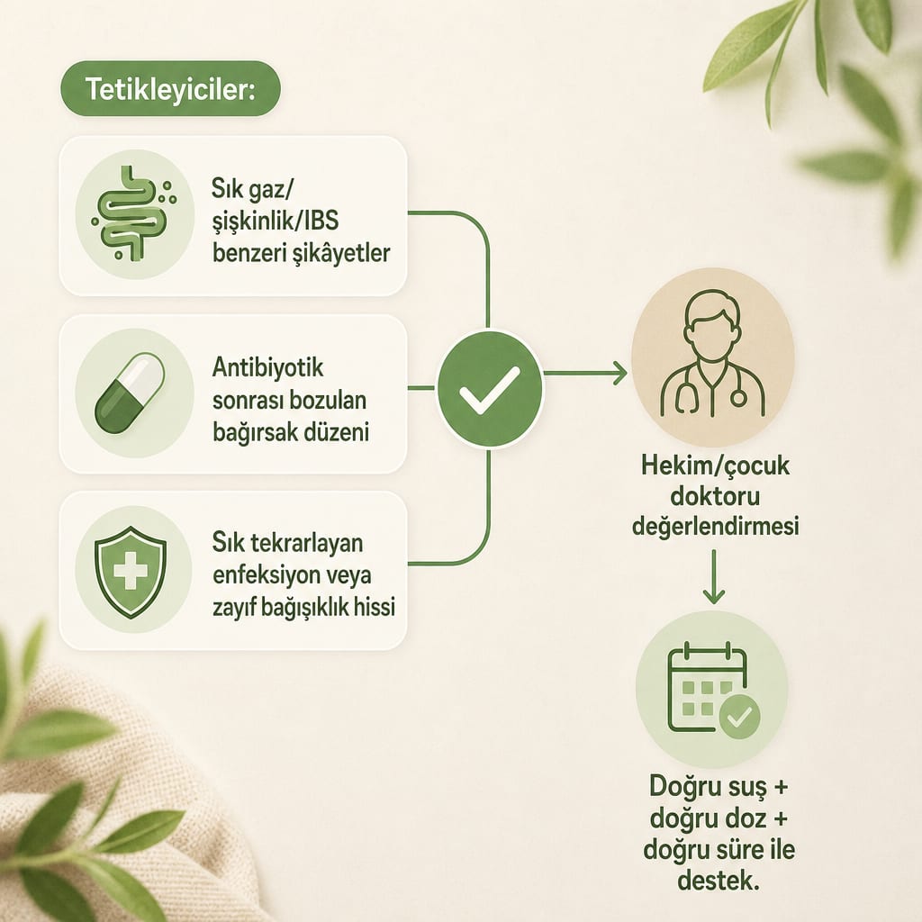 Probiyotik takviyesi kararını üç tetikleyici, hekim değerlendirmesi ve doğru kullanım adımıyla özetleyen infografik