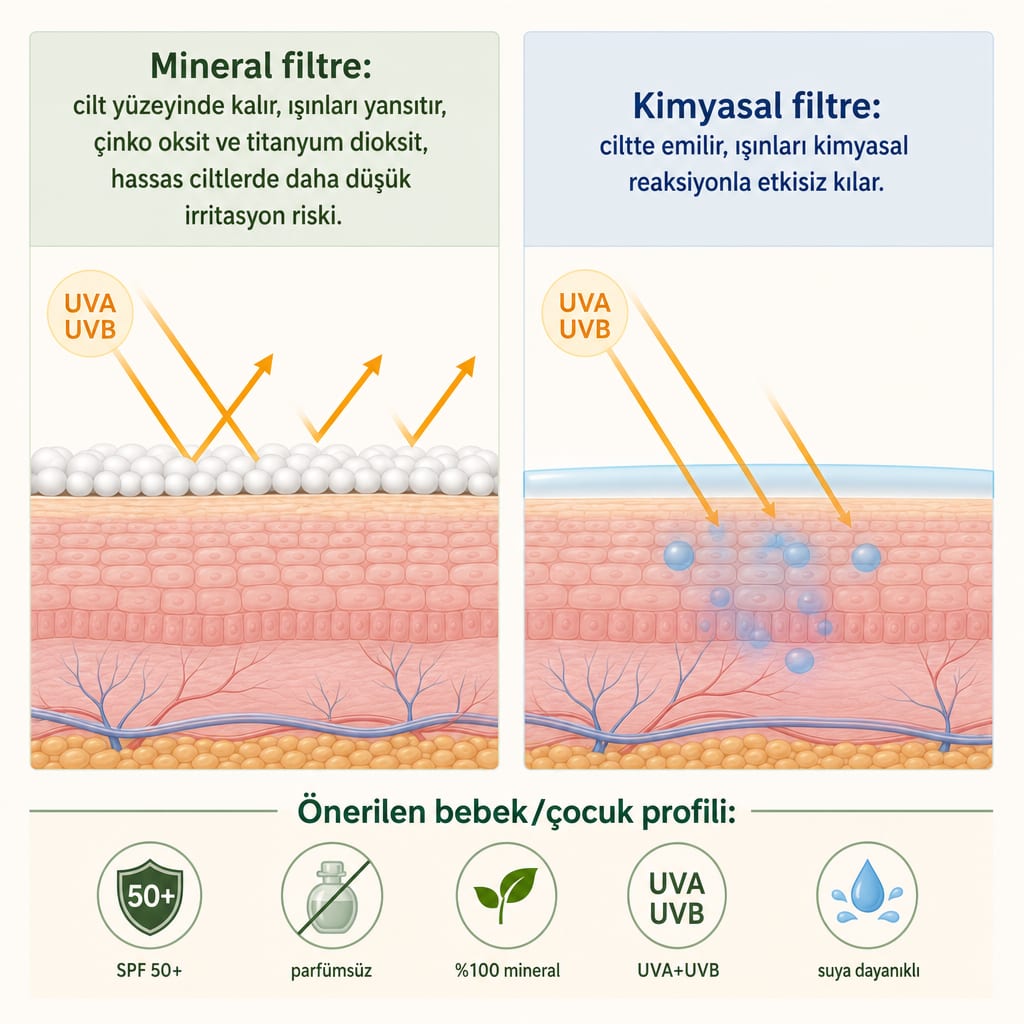 Mineral ve kimyasal güneş filtresinin cilt üzerindeki çalışma farkını gösteren karşılaştırma görseli