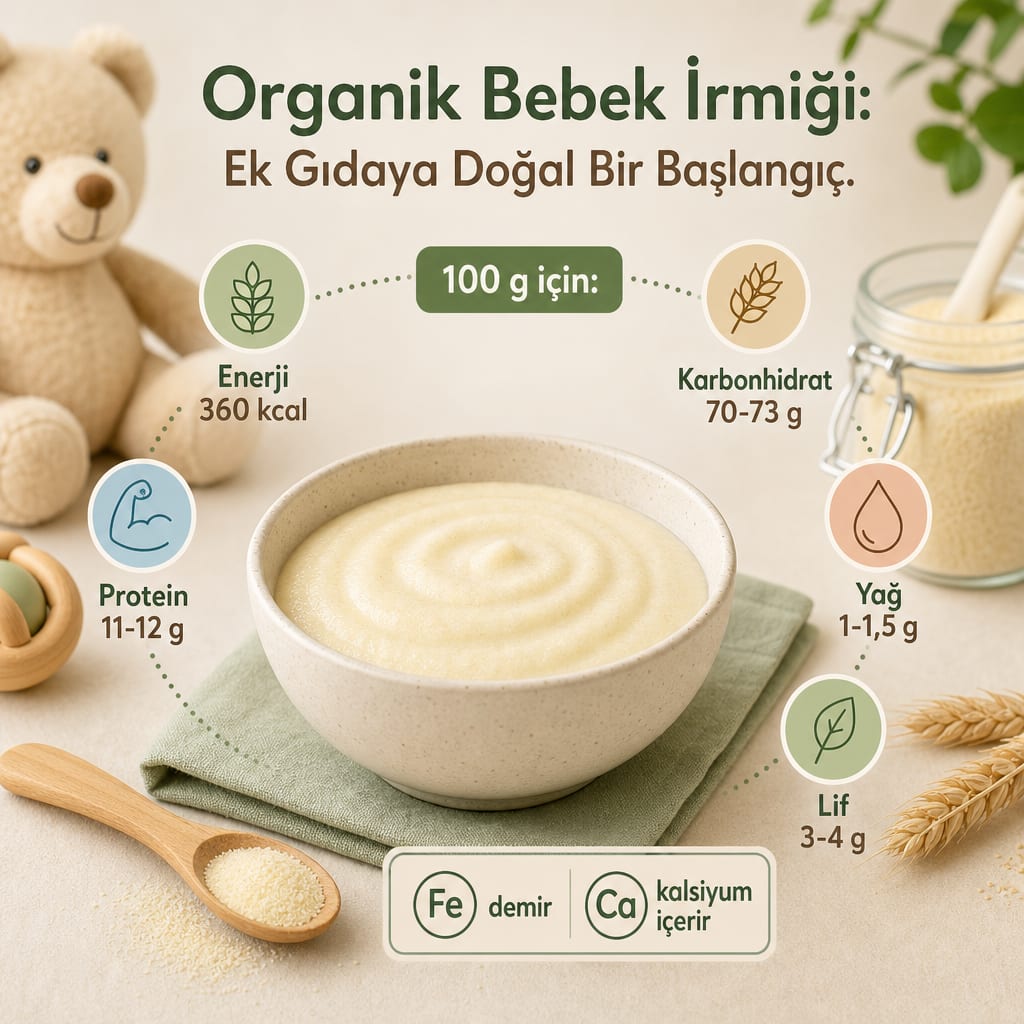 Organik bebek irmiğinin 100 gramdaki enerji, karbonhidrat, protein, yağ ve lif değerlerini gösteren infografik