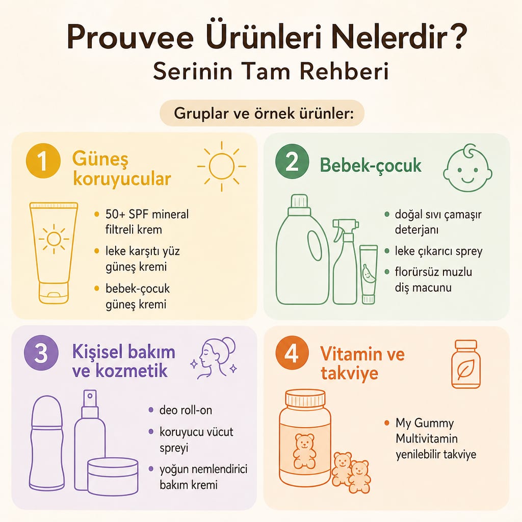 Prouvee serisinin güneş, bebek-çocuk, kişisel bakım ve vitamin gruplarını gösteren dört bölmeli infografik