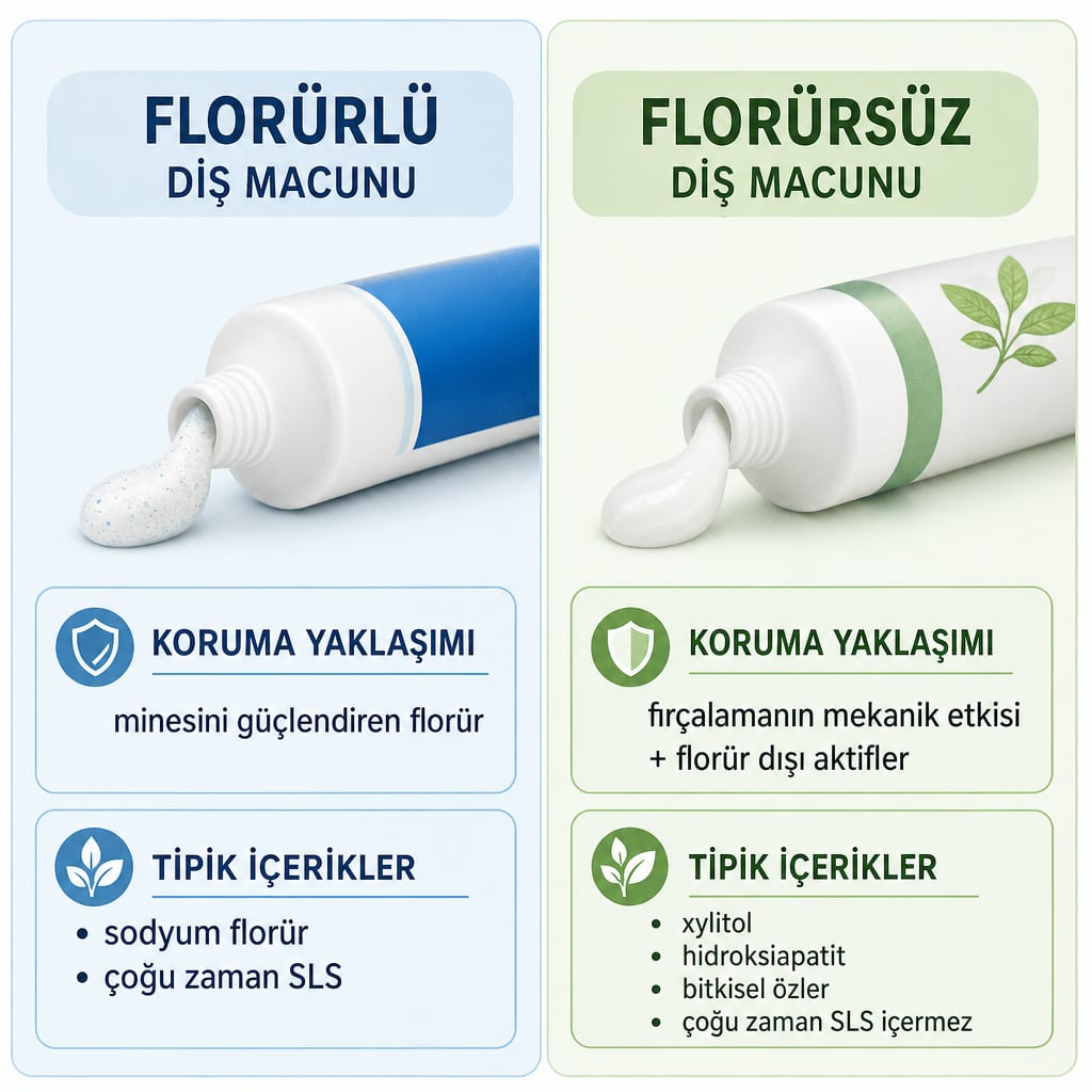 Florürlü ve florürsüz diş macununun koruma yaklaşımı ve tipik içeriklerini karşılaştıran iki sütunlu görsel