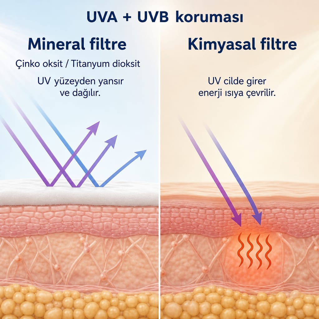 Mineral filtrenin UV ışınını yüzeyden yansıttığını, kimyasal filtrenin ise ışığı içeri alıp ısıya çevirdiğini gösteren karşılaştırma görseli.