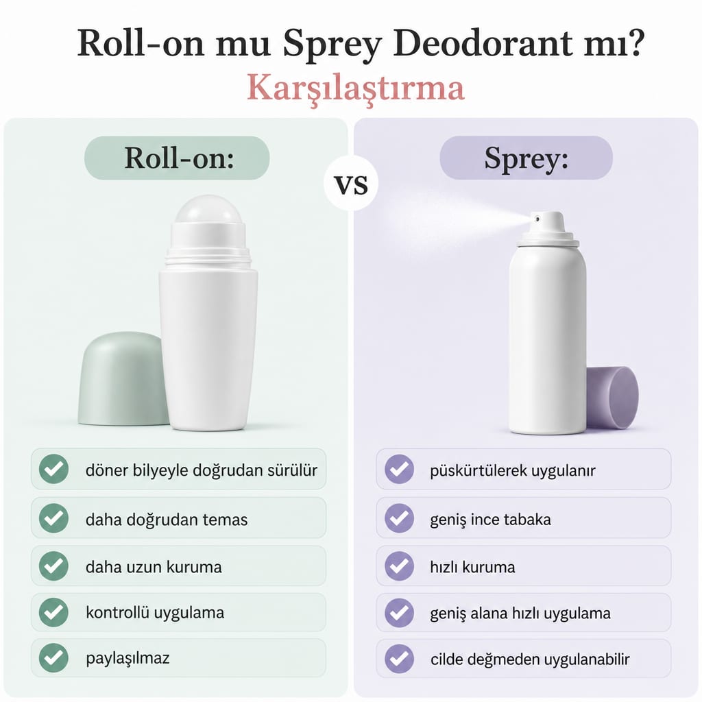 Roll-on ve sprey deodorantın uygulama, temas, kuruma ve kontrol açısından karşılaştırmasını gösteren görsel