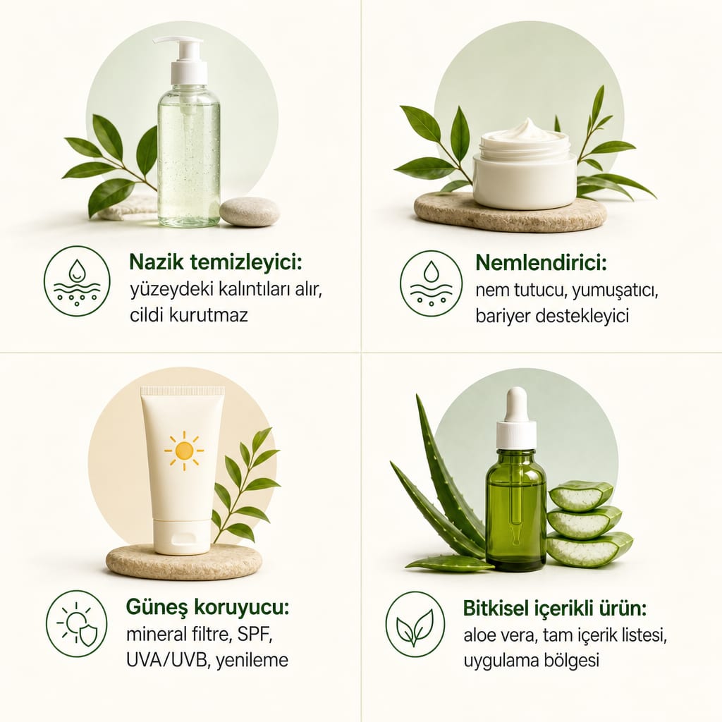 Doğal cilt bakımının dört temel ürün grubunu ve seçim notlarını gösteren infografik