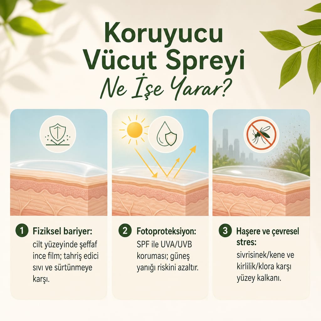 Koruyucu vücut spreyinin fiziksel bariyer, güneşten koruma ve haşere/çevresel stres olmak üzere üç koruma mekanizmasını gösteren infografik.