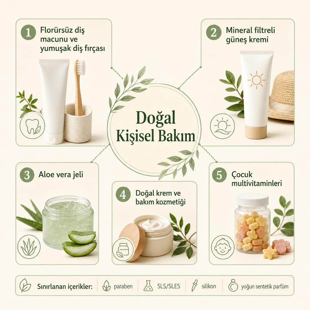 Doğal kişisel bakım ürünlerini beş ana gruba ayıran ve sınırlanan içerikleri gösteren infografik.