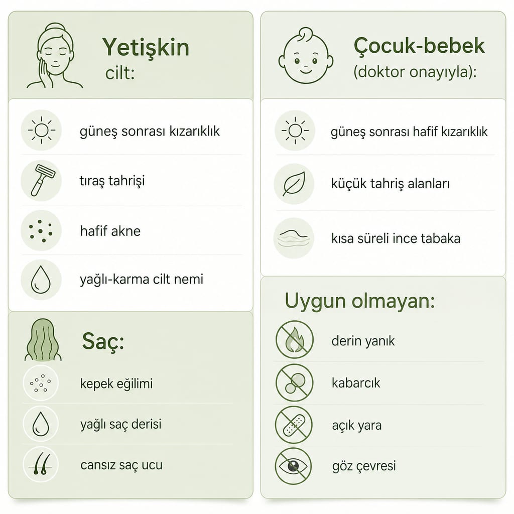 Aloe vera jelin yetişkin, saç ve çocuk kullanımında uygun ve uygun olmayan durumlarını gösteren karşılaştırma görseli