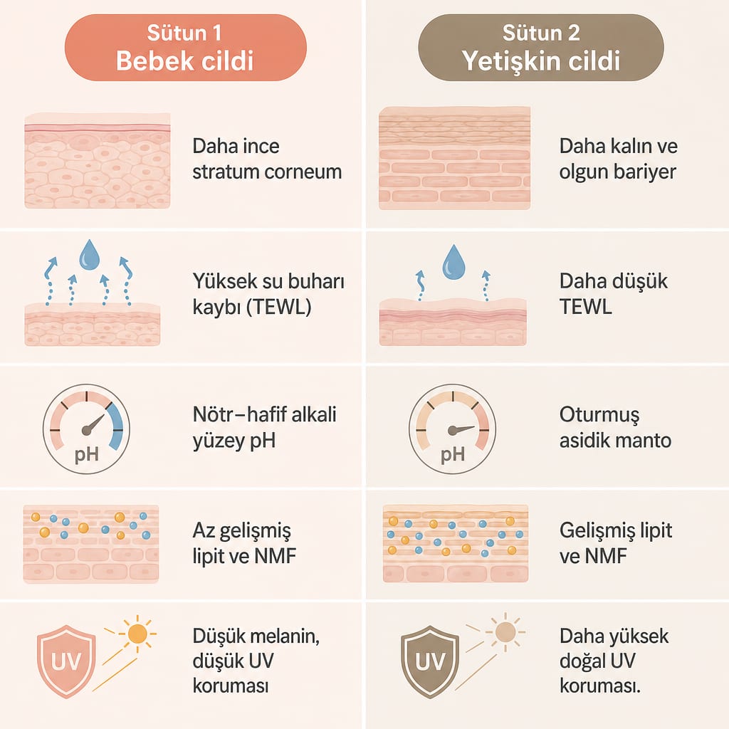Bebek cildi ve yetişkin cildinin bariyer, nem ve UV korumasına göre karşılaştırıldığı görsel tablo