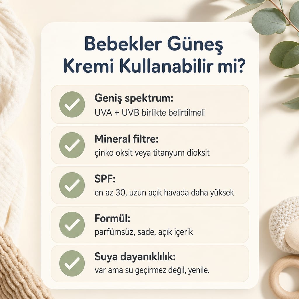 6 ay ve üzeri bebekler için güneş kremi seçerken etikette aranacak beş özelliği gösteren kontrol listesi
